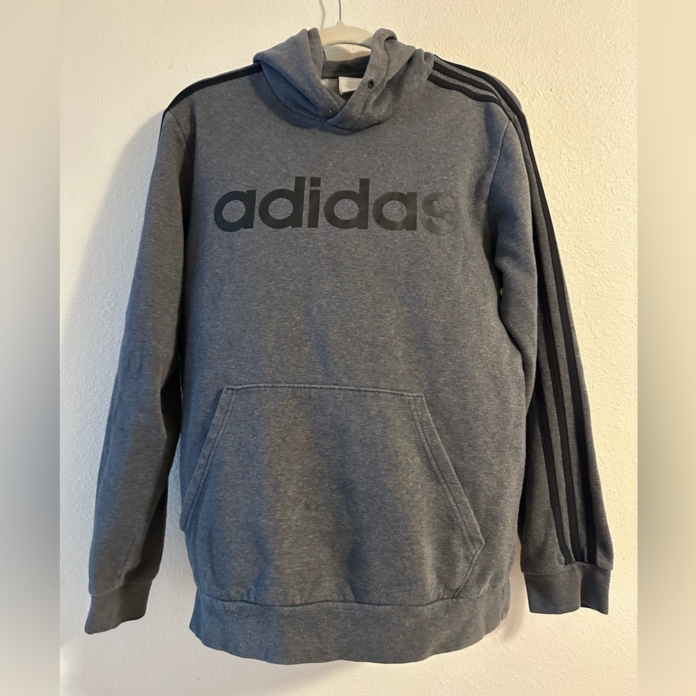 Adidas hooded sweatshirt. Striped sleeves. Charcoal gray with black stripes.